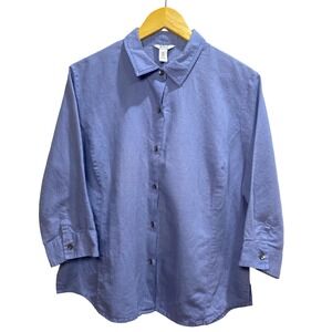 Bass Womens XL Blue Linen Cotton 3/4 Sleeve Button Down Shirt Embroidered Collar